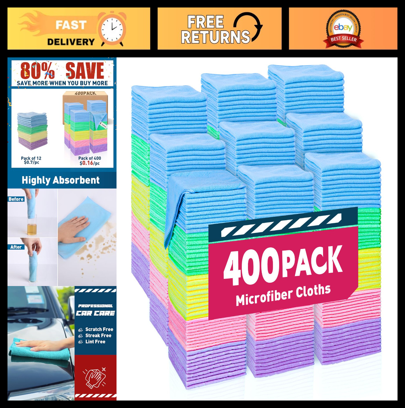 400 Pack Microfiber Cleaning Towels – Assorted Colors, 11.5×11.5 inches, Perfect