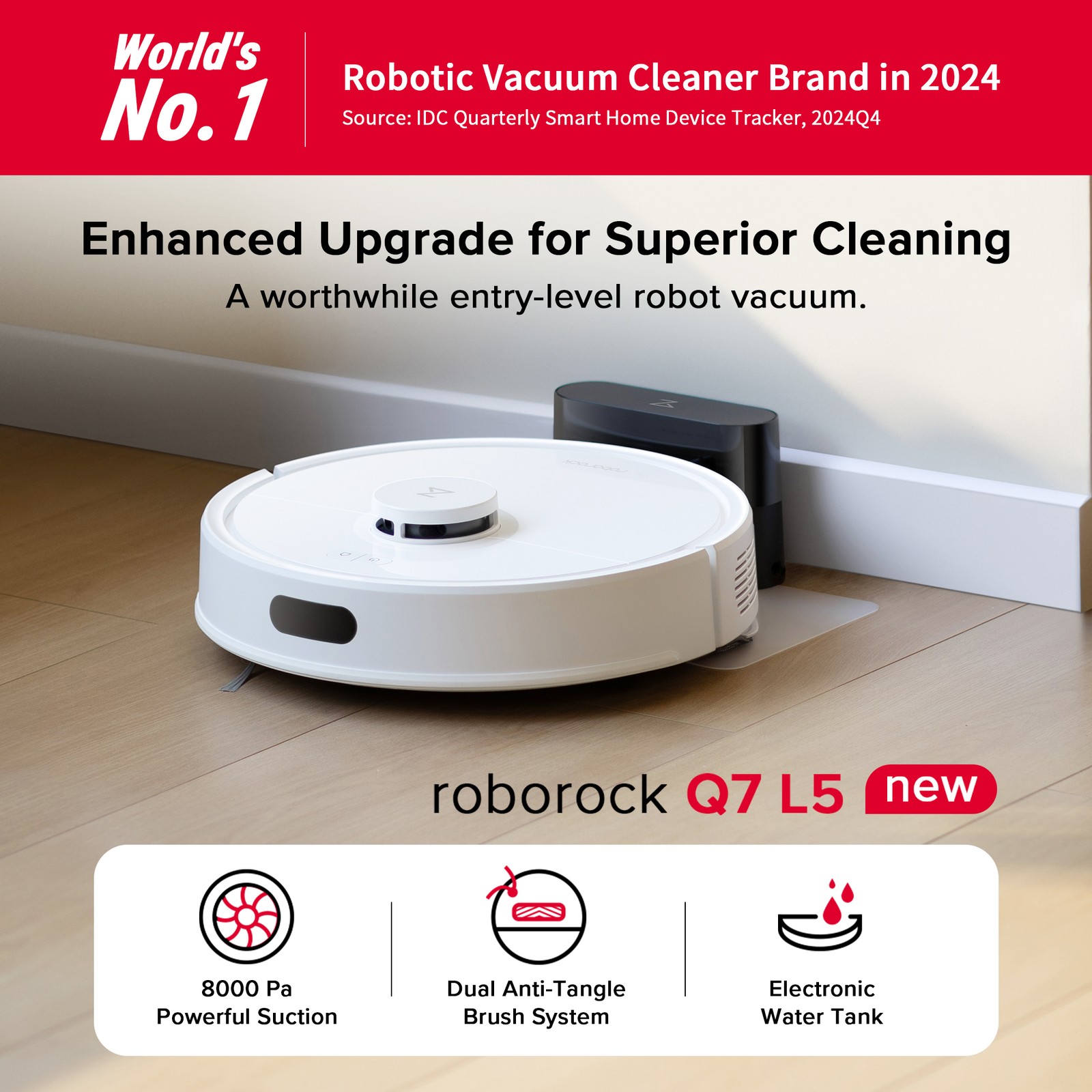 Roborock Q7 L5 Robot Vacuum Cleaner, 8000Pa, Dual Anti-Tangle System, LiDAR Navi