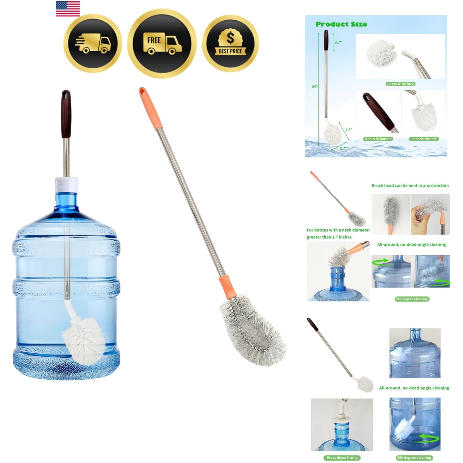 2-Pack Bucket Brush, Bottle Brush for Cleaning Extra Long Bottles, Gallon Jug…