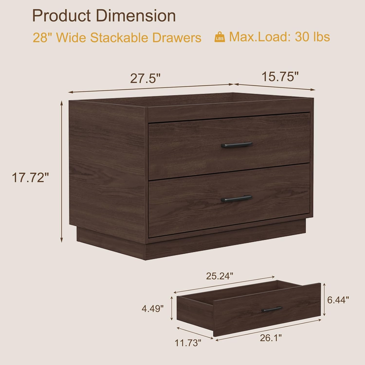 Modern Stackable Storage Drawers – 28″ Wide Closet Organizer with 2 Bins, Brown