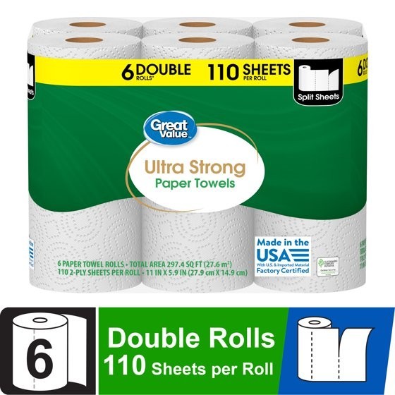 (2 pack) Great Value Ultra Strong Paper Towels, White, 12 Double Rolls, 1320