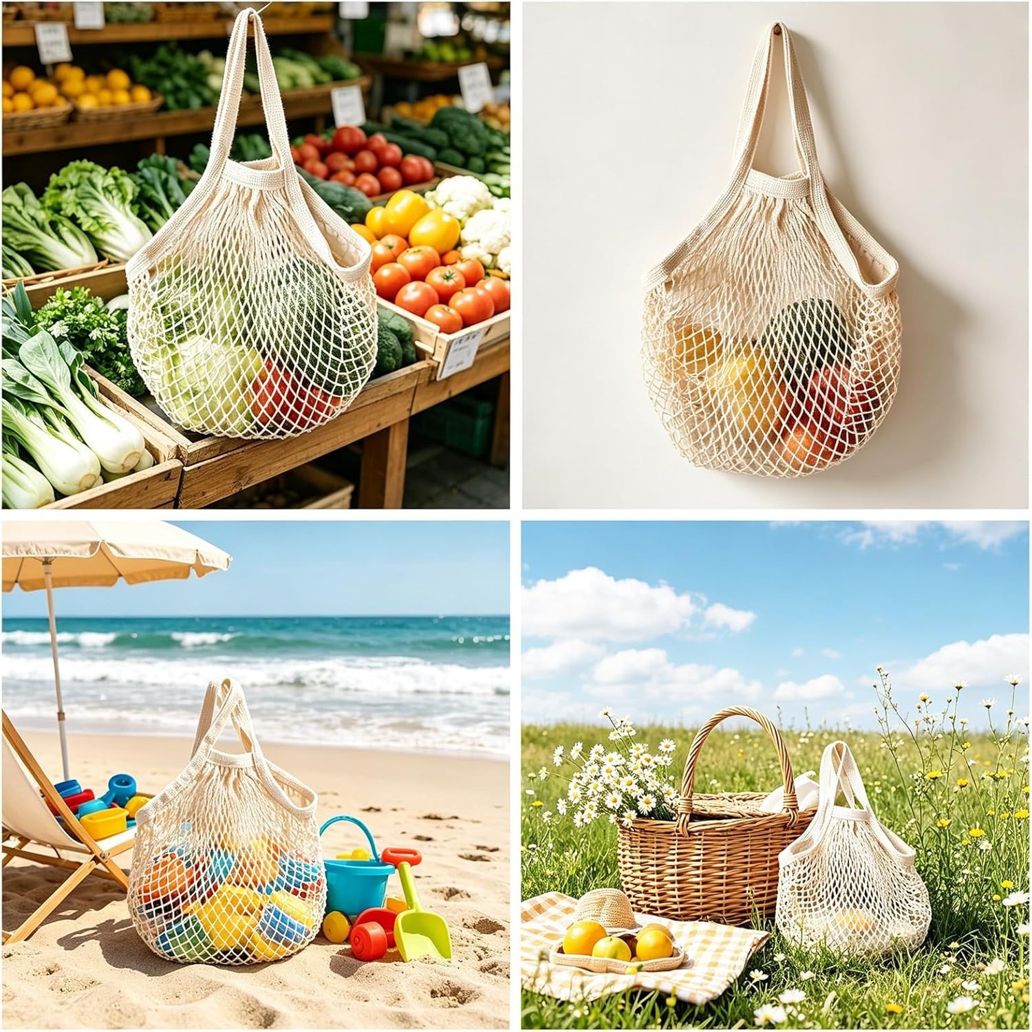Stylish Beige Cotton Mesh Bags with Drawstring – Perfect for Sustainable Living