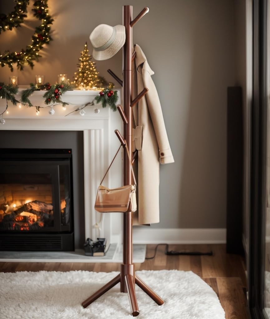 Sturdy Wooden Coat Tree with 8 Hooks, 3 Adjustable Sizes for Clothes, Hat Sta…