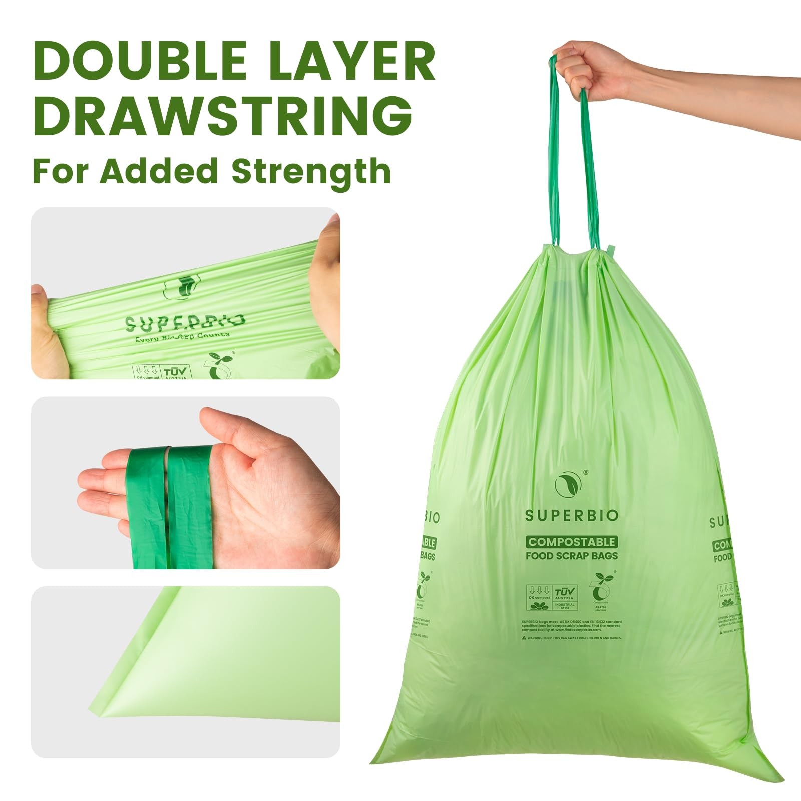 Best SUPERBIO 13 Gallon Compostable Drawstring Kitchen Waste Bag, 49.2 Liter, 30