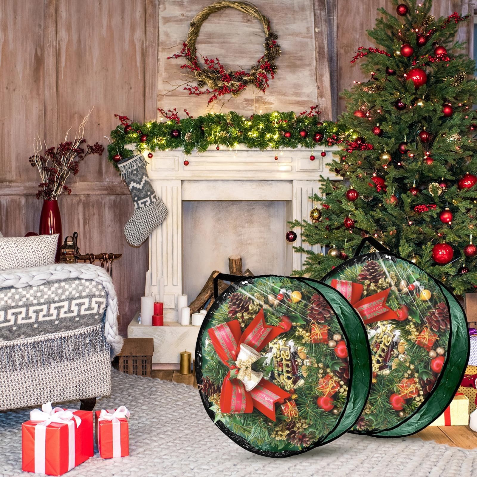 6 Pack Heavy Duty Wreath Storage Bags, 24×8 Inch Xmas Container with Clear Windo
