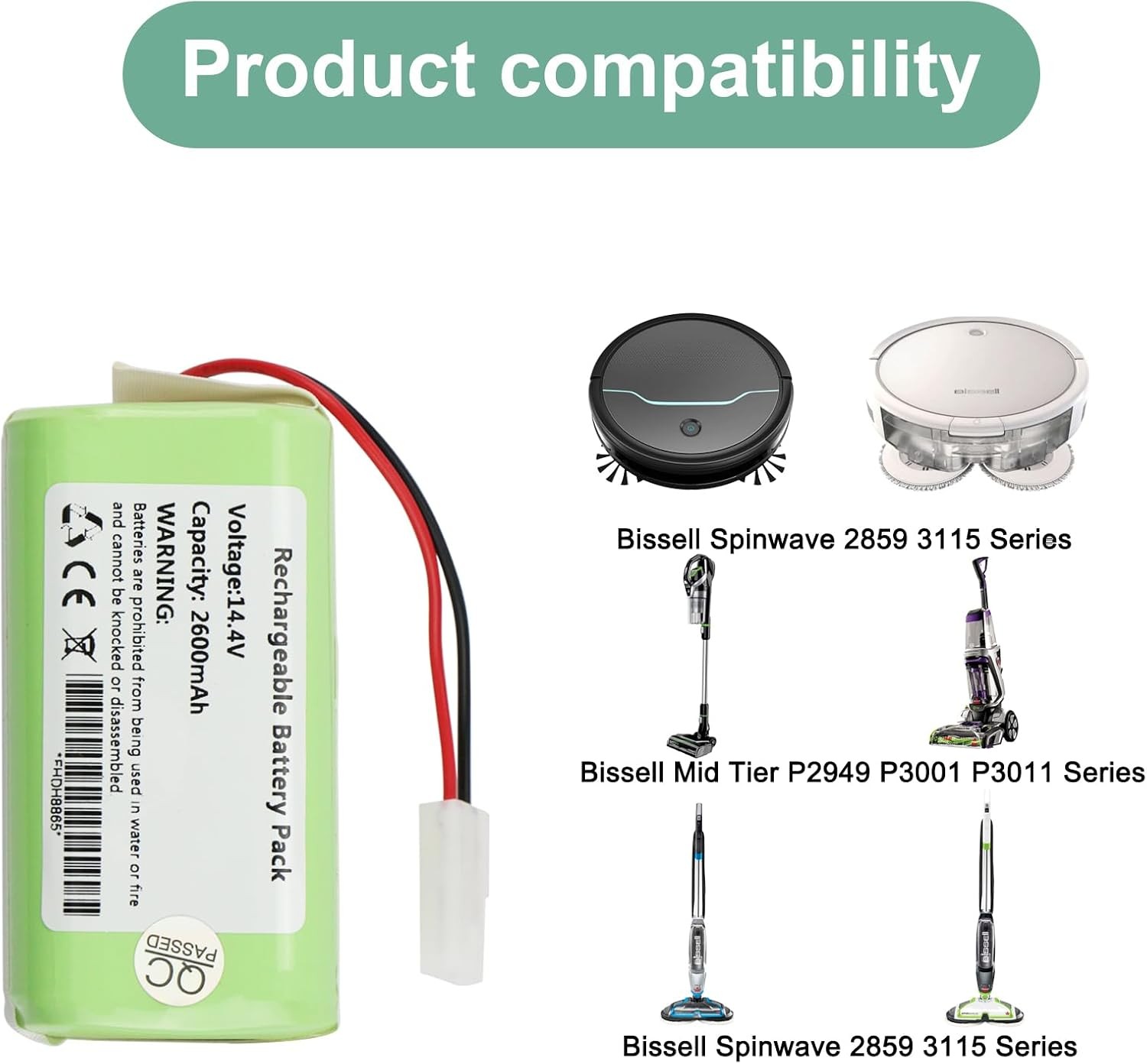 2600mAh Battery for Bissell SpinWave 3115 2859 28599 28596 3347 Z65B155