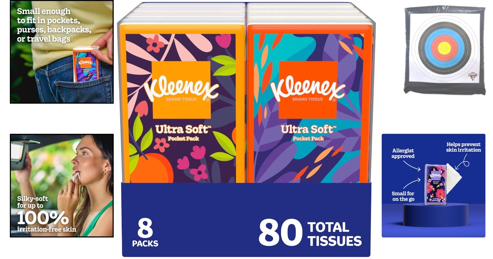 Convenient Travel Pack of Kleenex Facial Tissues, 8 Sets of 10, Ultra Absorbent