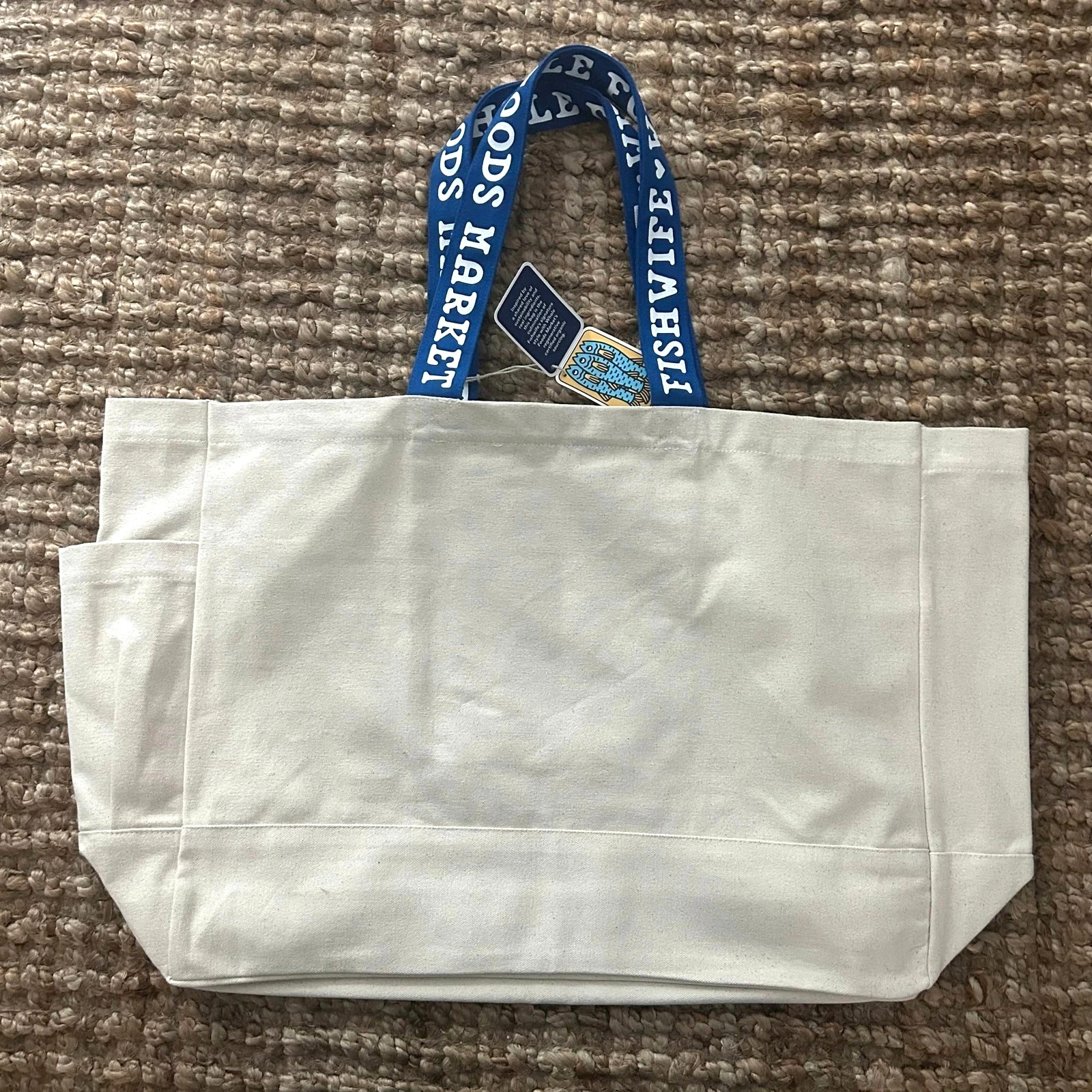 Whole Foods Market Fishwife Canvas Tote Beige/Blue Handles LARGE