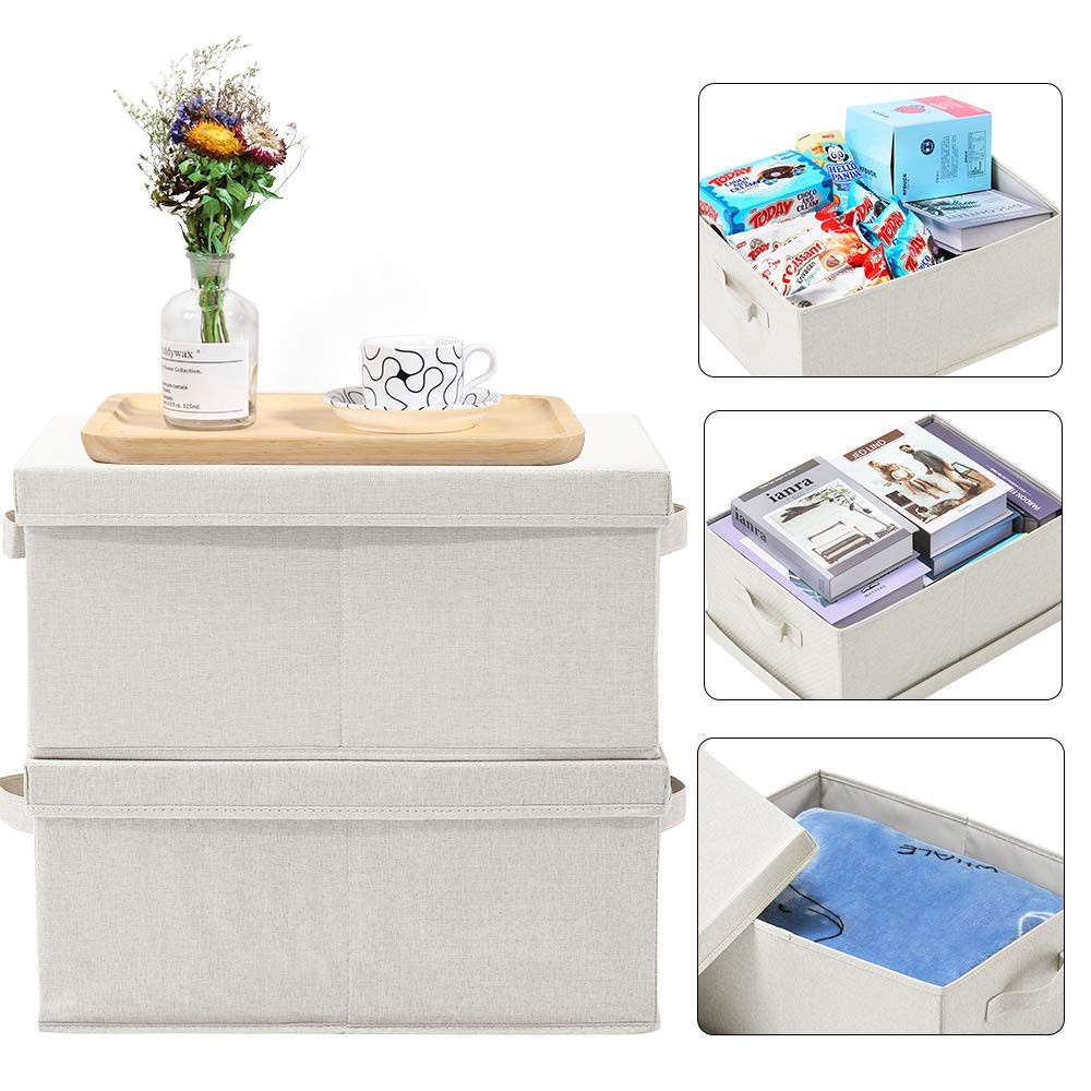 Foldable Storage Bin Lid Cardboard Boxes Carrying Handle Beige 16.5×11.8 In 2 Pk