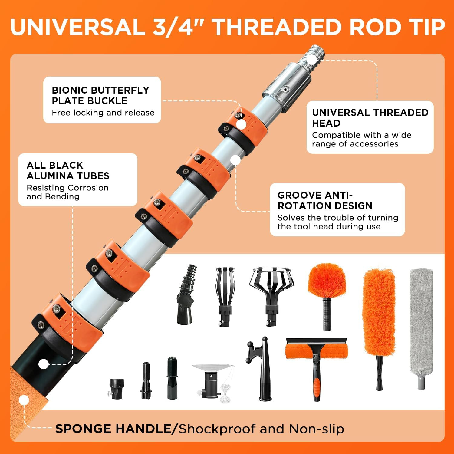 26FT High Reach Duster Kit with 5-20FT Flip-Lock & Screw Dual Locking Extension