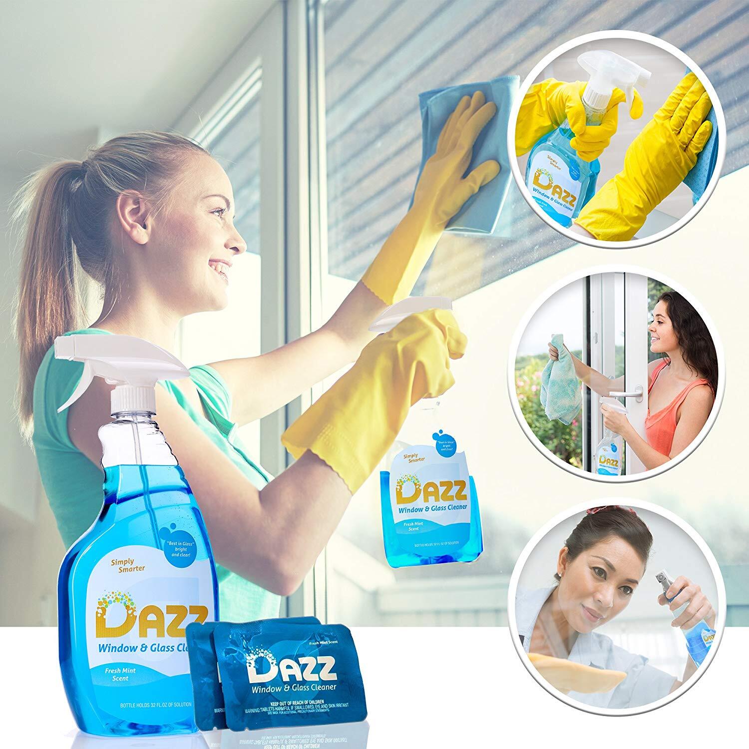 DAZZ Window and Glass Cleaner Starter Kit (1 Reusable Spray Bottle, 2 Refills)