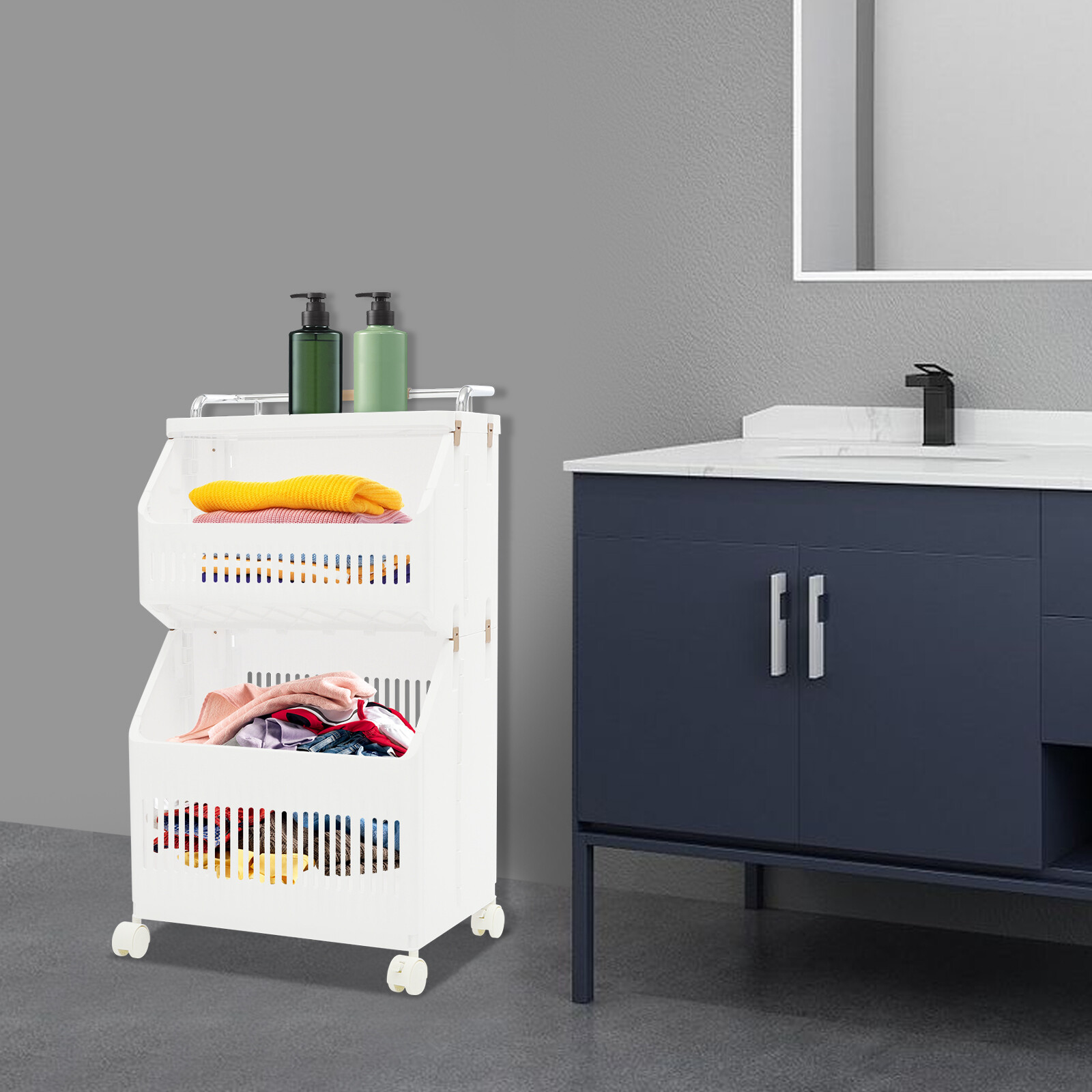 2-tier Clothes Basket Rolling Laundry Basket Collapsible Laundry Hamper Storage