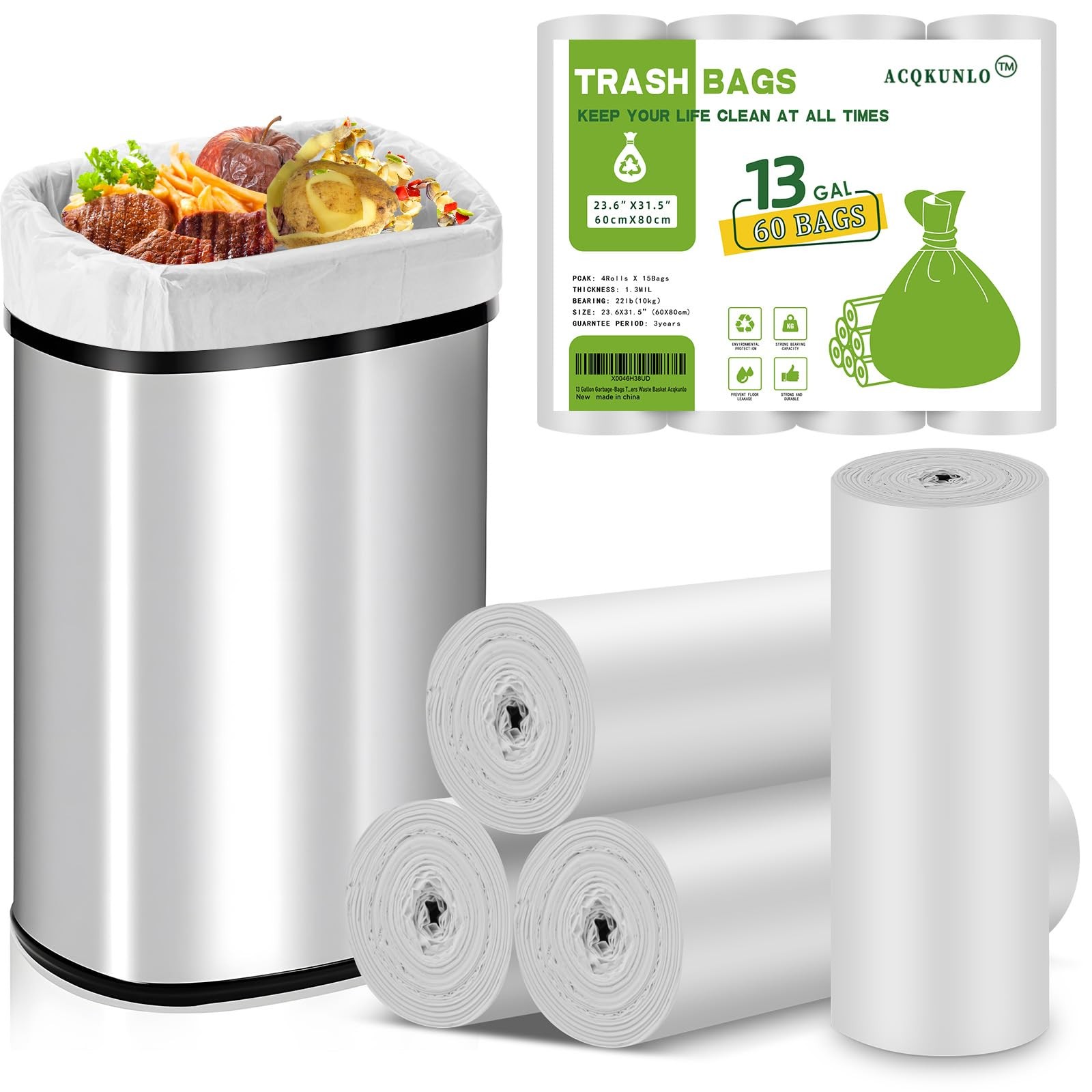 13 Gallon Garbage-Bags Tall Kitchen Compostable-Trash-Bag – White Biodegradab…