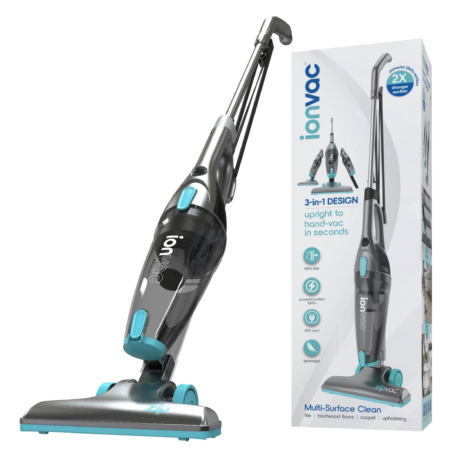 Ionvac ZipVac 3-in-1 Corded Stick Vacuum Lightweight HEPA Multi-Surface , Freesh