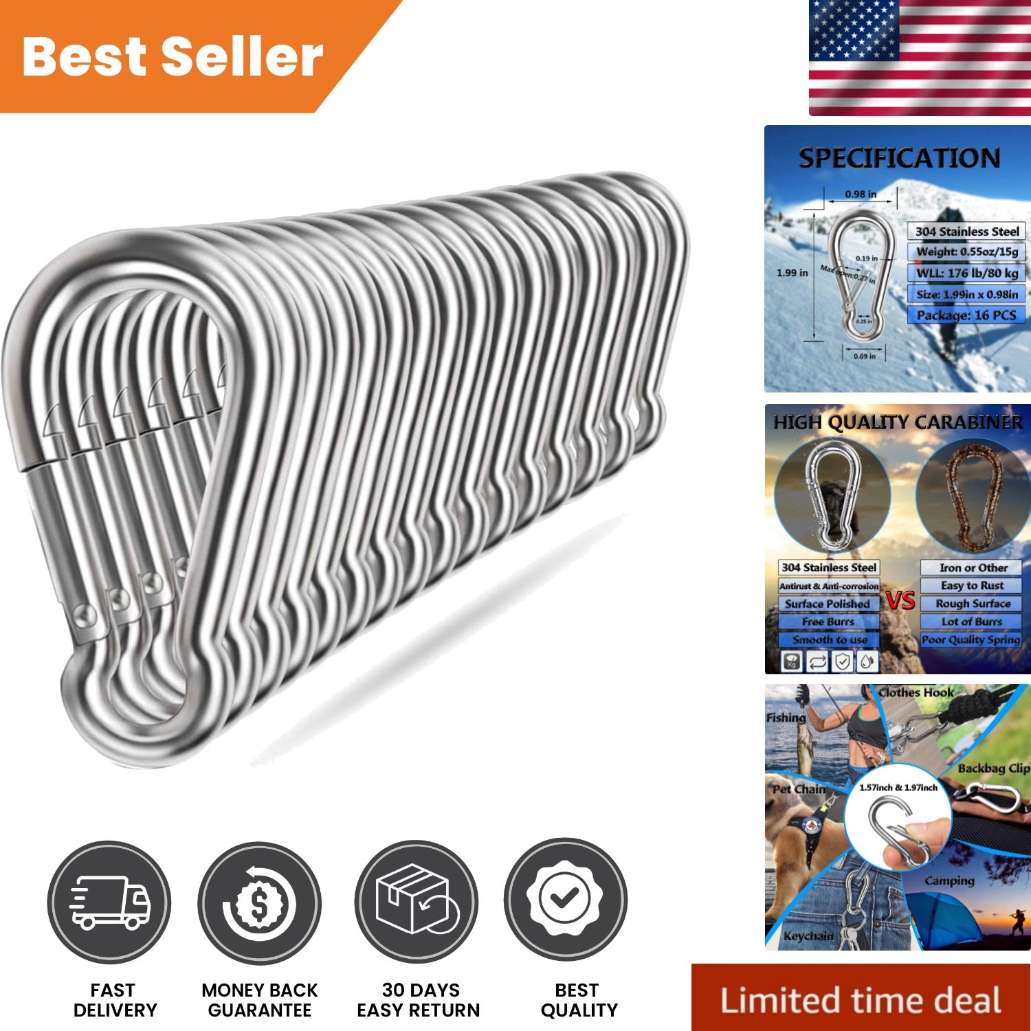 16-Pack Heavy Duty 304 Stainless Steel Spring Snap Hooks – Secure Outdoor Gear