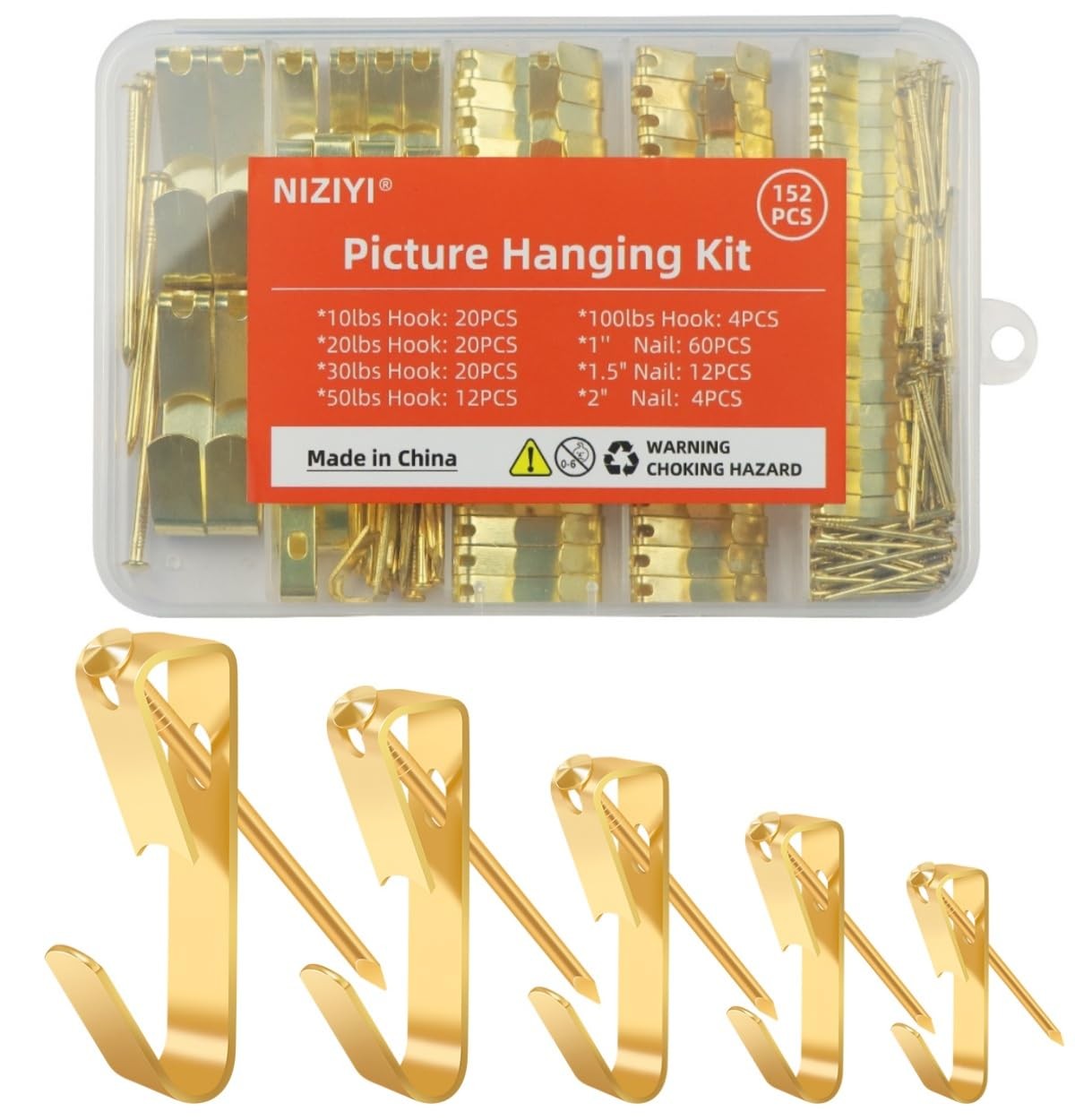 152Pcs Picture Hanging Kit, Picture Hangers 10lb, 20lb, 30lb, 50lb, 100lb Hooks