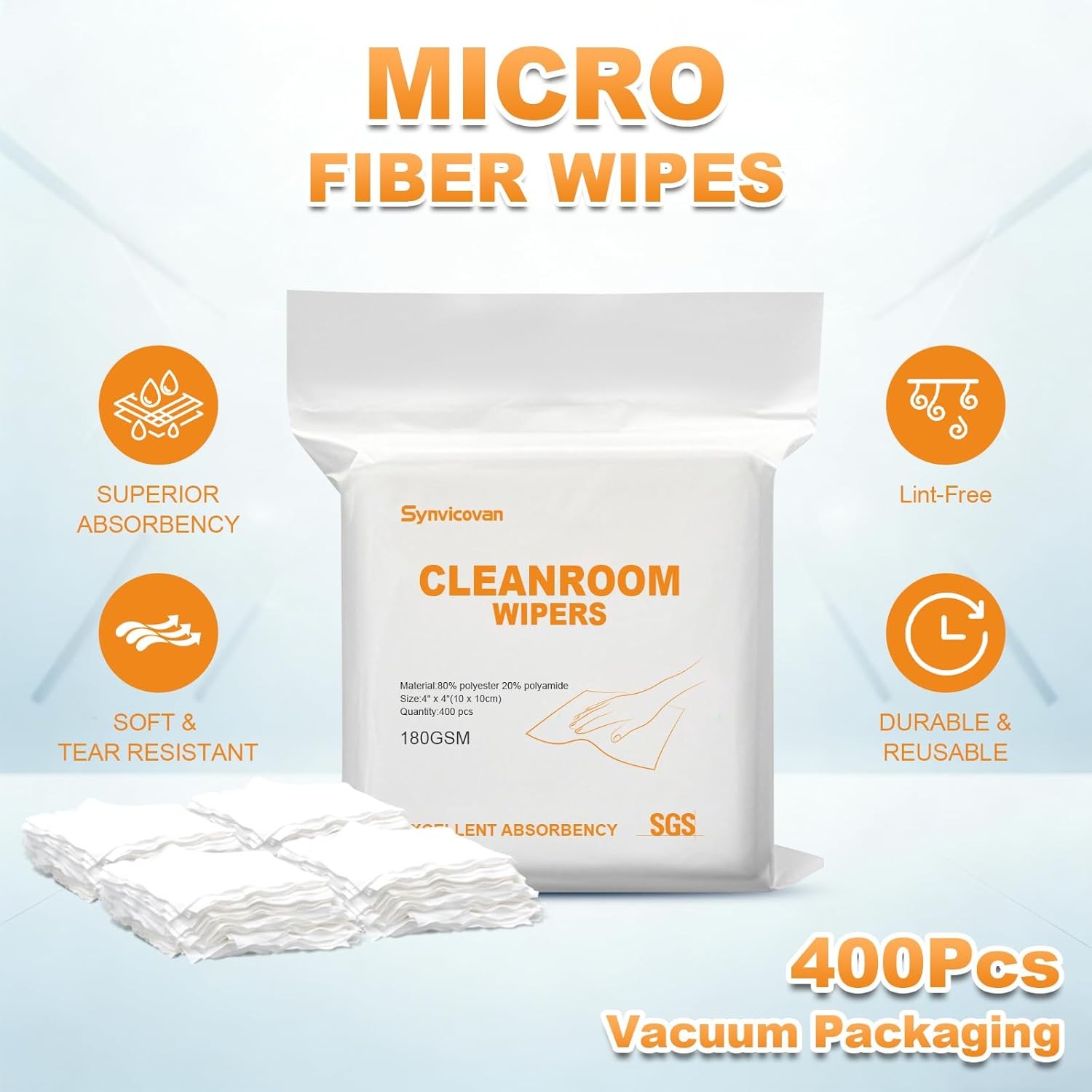 Microfiber Wipes 4″x4″(400 Pcs,Class 100 180GSM Superfine Lint Free Cloths