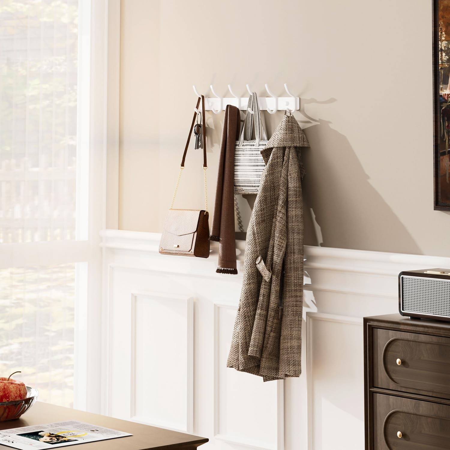 White Coat Rack Wall Mount 15 Inch Arc Shaped 6 Hooks Entryway Hanger 1 PCS