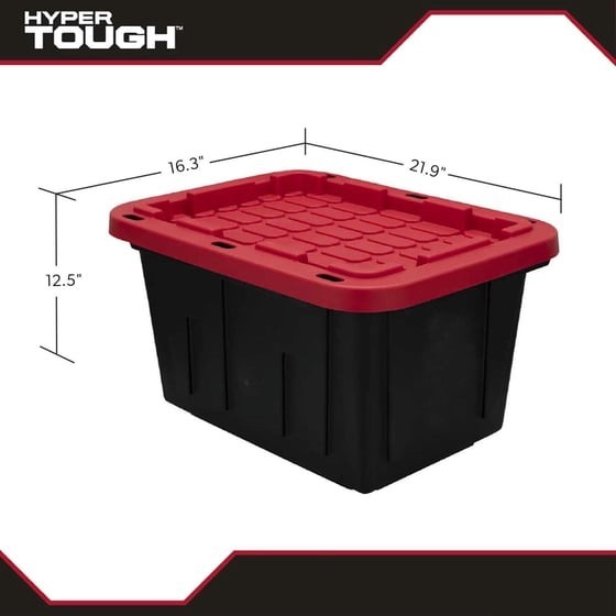 Hyper Tough 12 Gallon Small Storage Bin with Snap Lid, Black and Red, Heavy Duty