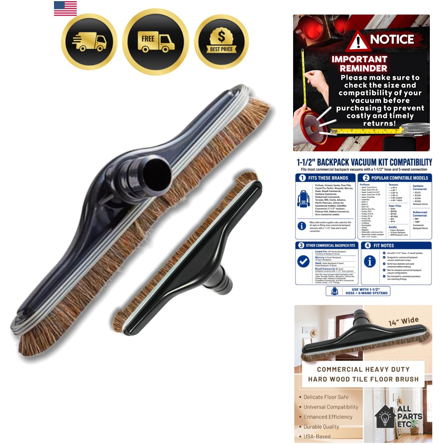 Backpack Vacuum Cleaner Hard Wood Tile Floor Brush 14” Wide with Bumper for N…