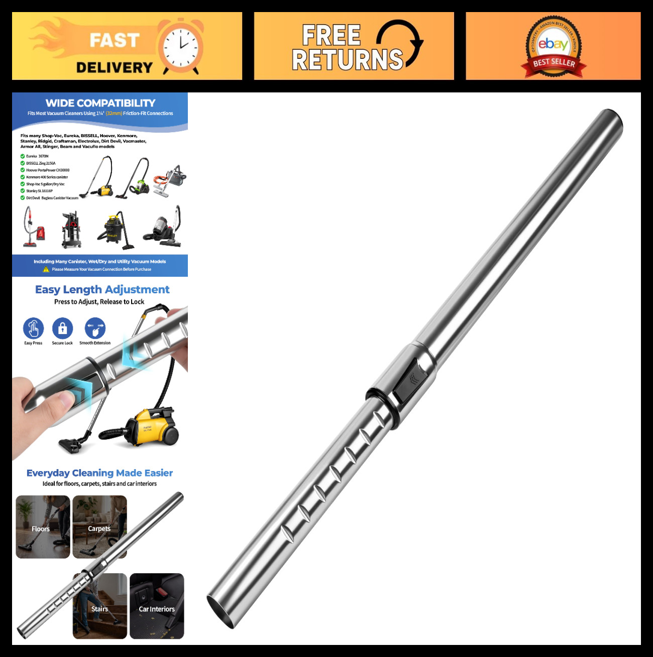 32mm Telescopic Vacuum Wand, 1.25″ Chrome Extension Tube for Shop-Vac & More