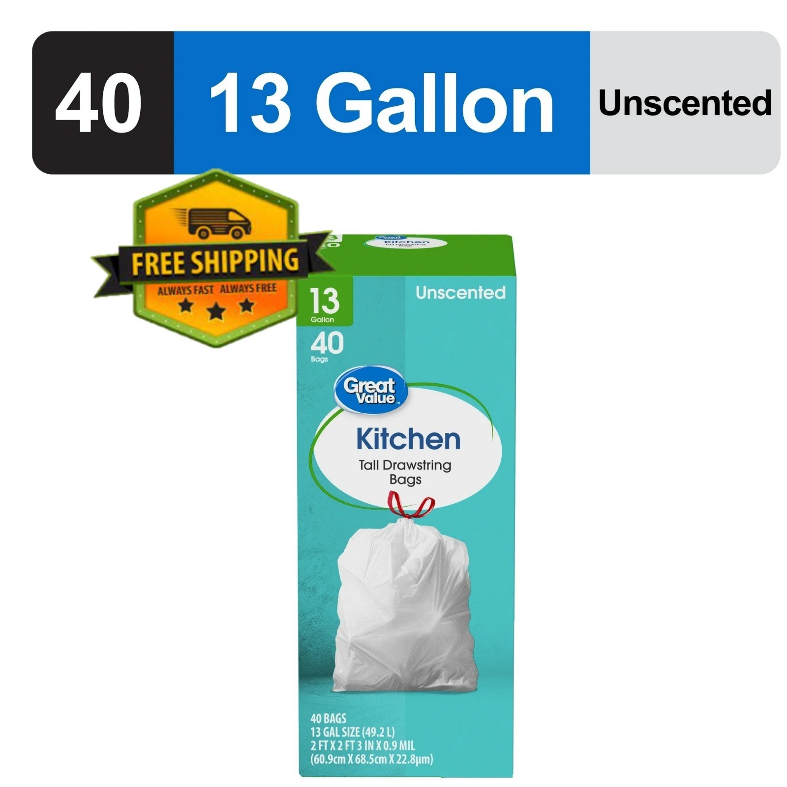 Great Value 13-Gallon Unscented Tall Kitchen Trash Bags with Drawstrings 40 pack