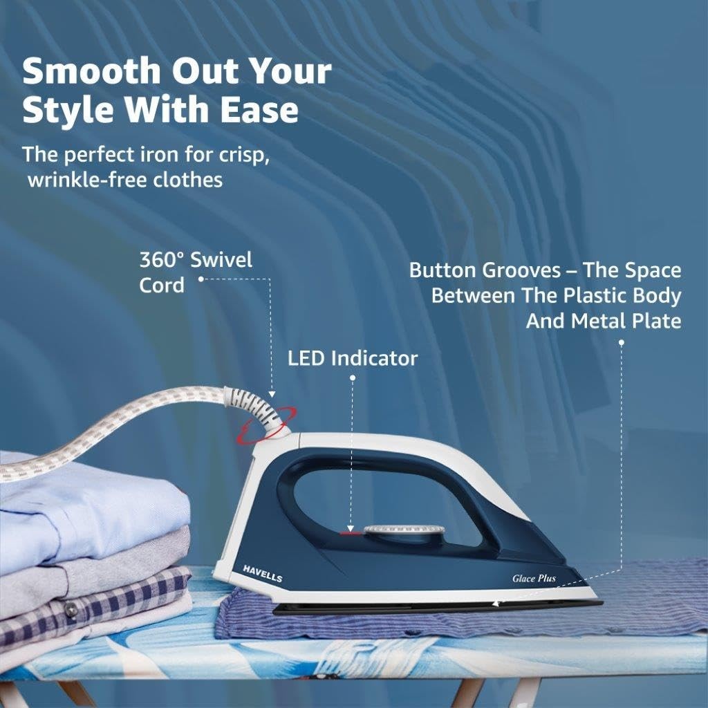 Havells Glace Plus 1000 Watts Dry Iron Press 2X Non Stick Greblon Coating 220V