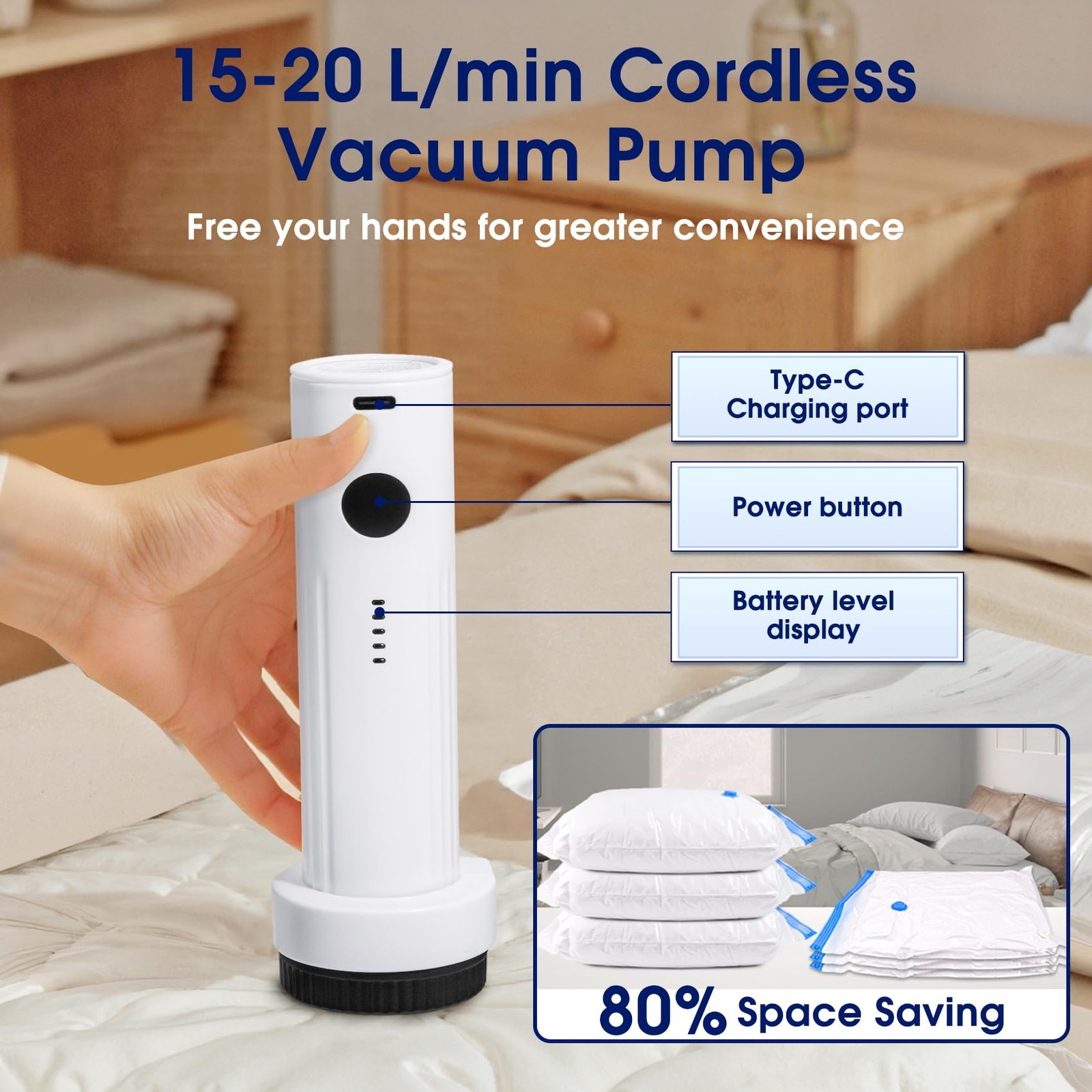 Cordless Electric Vacuum Pump 6.0KPa Portable Travel Storage Bag Air Pump