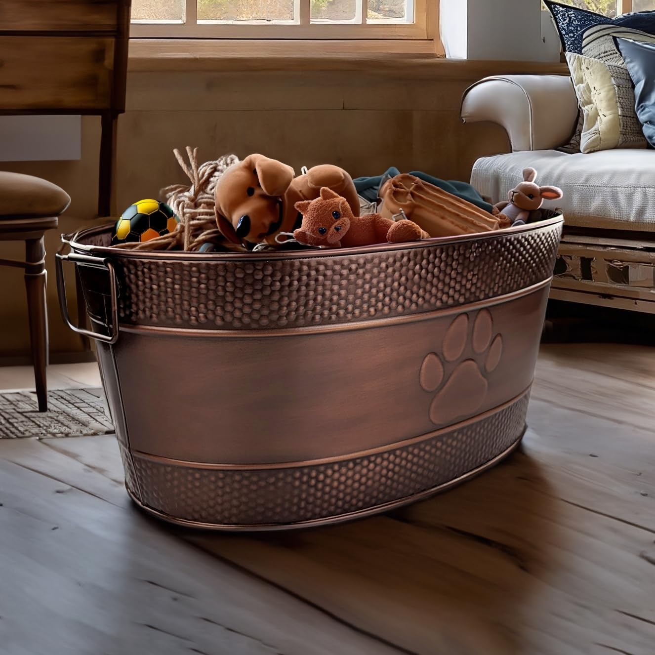 Copper Metal Dog Toy Storage Bin, Indestructible, Large