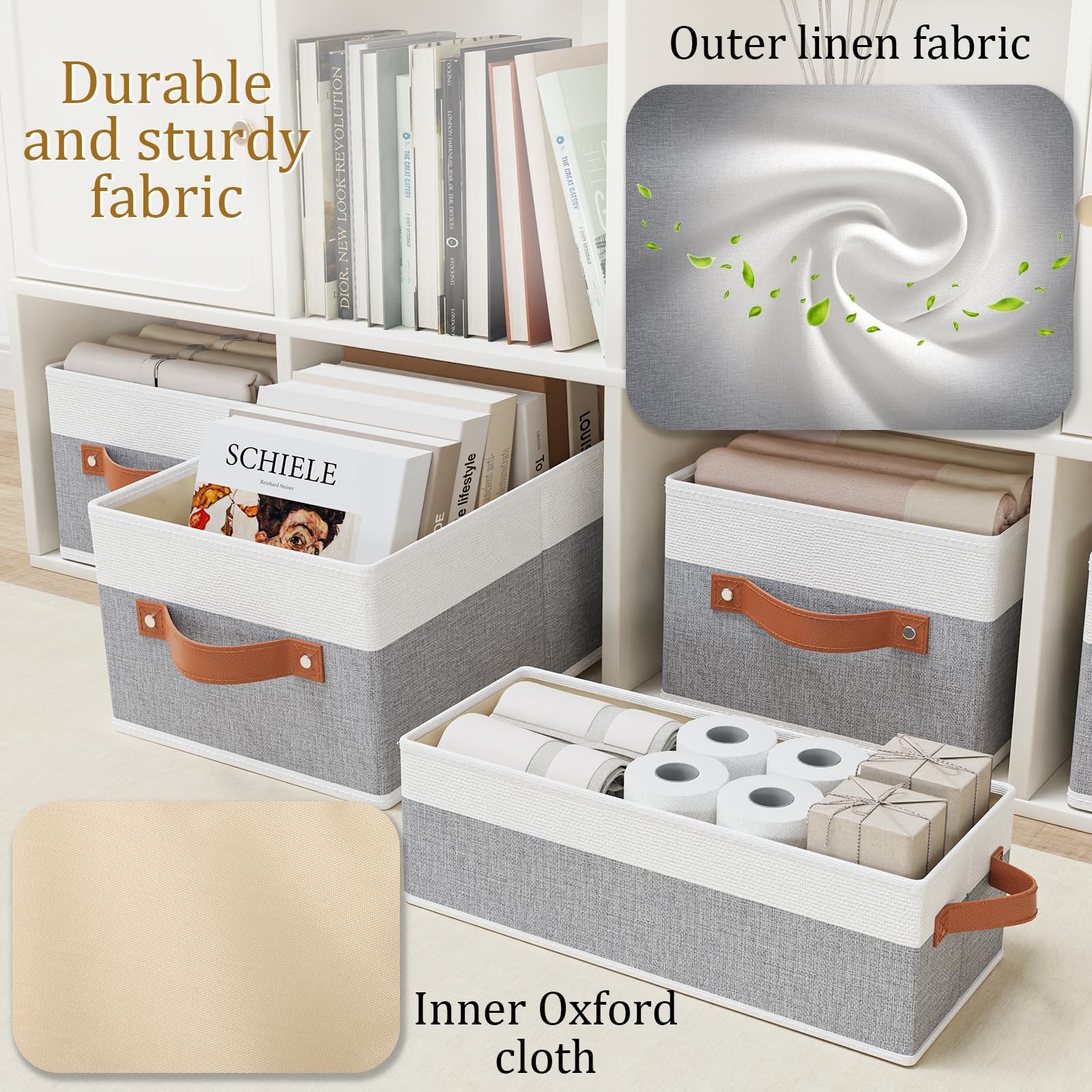 Foldable Fabric Storage Baskets Organizer Boxes Gray White 3 Pack 16 Inch