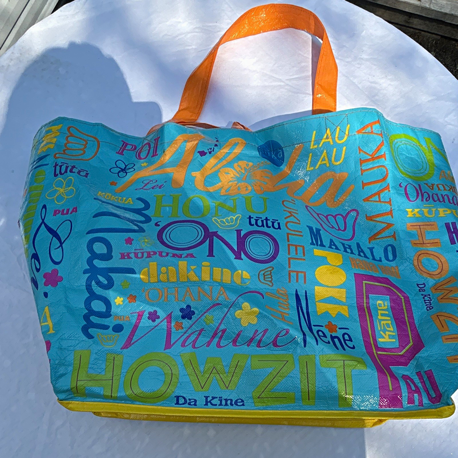 Reusable Tote Shopping Bag Multicolor All-Over Hawaii Words Print Orange Handles