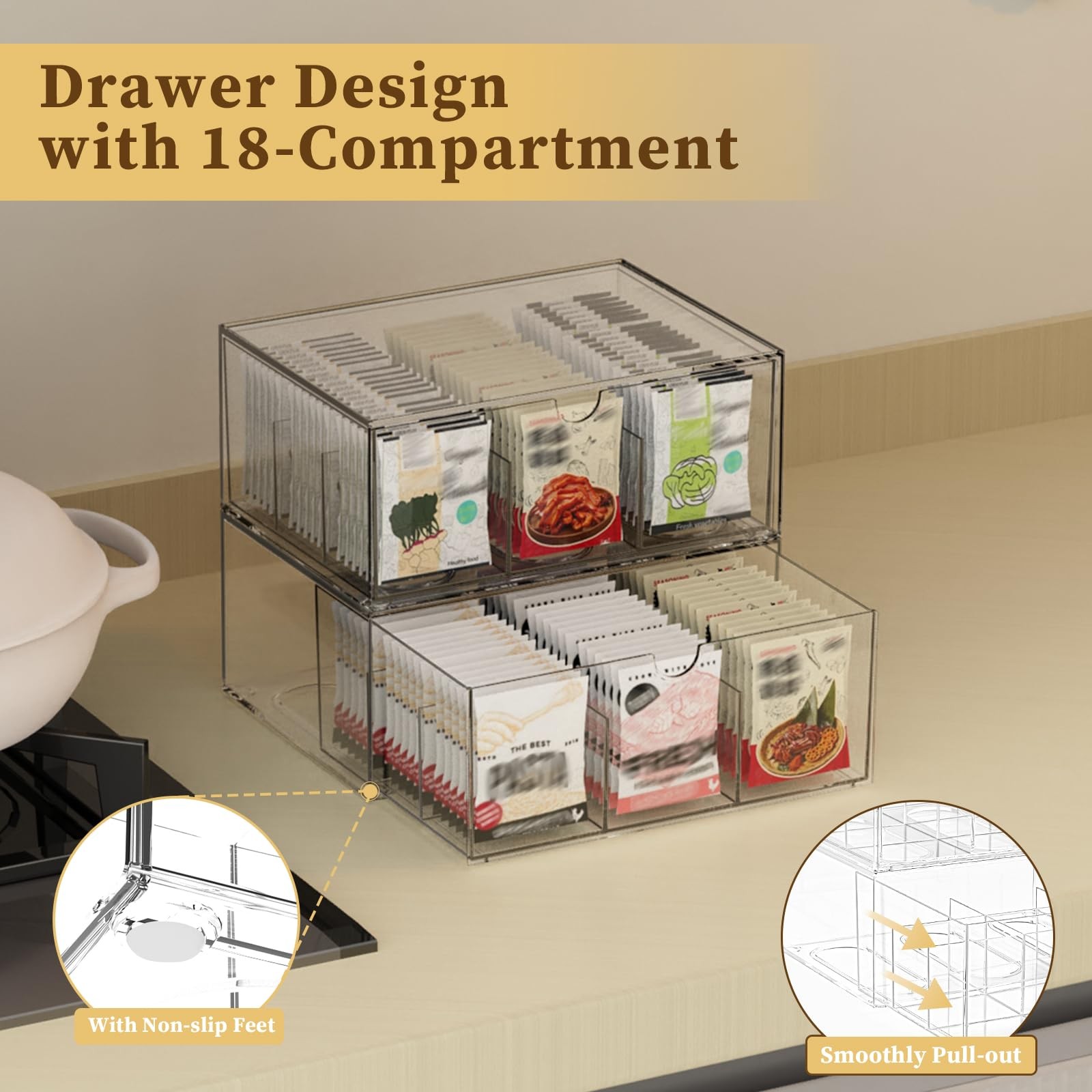2 Pack Clear Tea Bag Organizer, Stackable Drawer 6.5 x 9 x 7.8 inches,