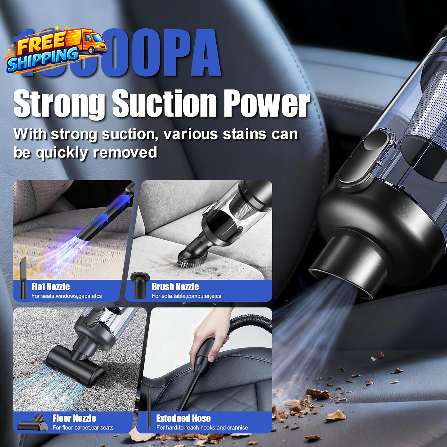 Car Vacuum Portable Cordless19000 Pa 4 in 1 Handheld Vacuum Motor with LED Light