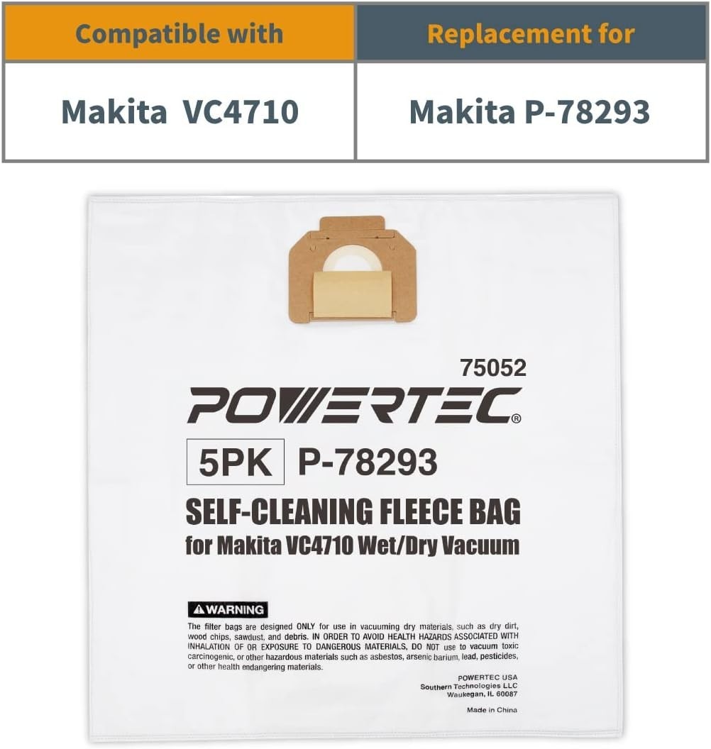 POWERTEC 12 Gallon Fleece Filter Bag – Makita Vacuum Dust Extractor VC4710 75052