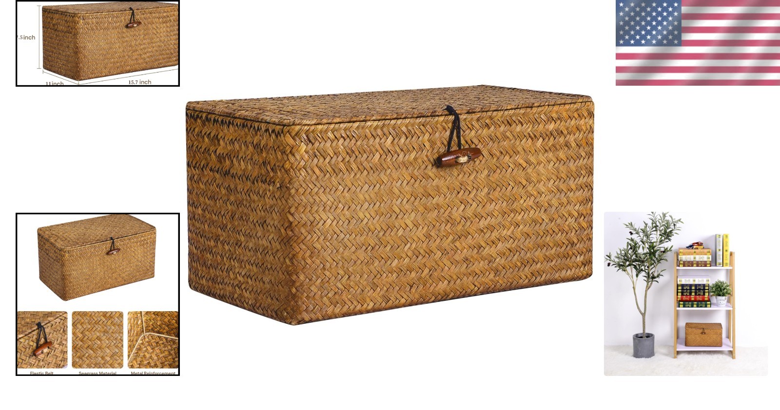 Multipurpose Retro Seagrass Storage Bin with Lift-Off Lid – 15.7″ x 11″ x 7.5″