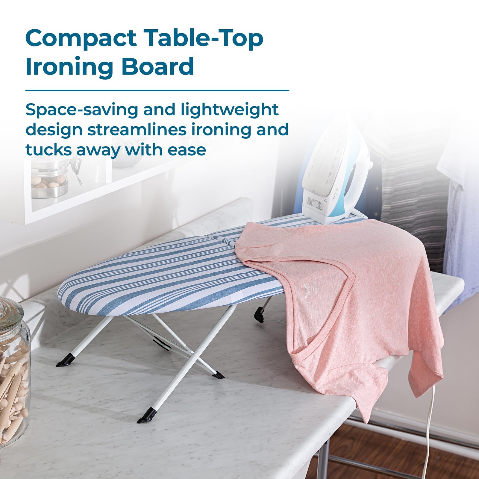Tabletop Ironing Board Foldable with Iron Rest, Compact Steel Frame, Blue