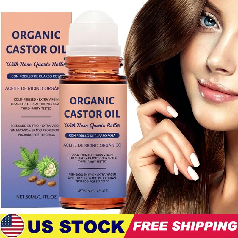 3x Organic Golden Castor Oil Roll-On with Rose Quartz for Skin,Hair&Wrinkle