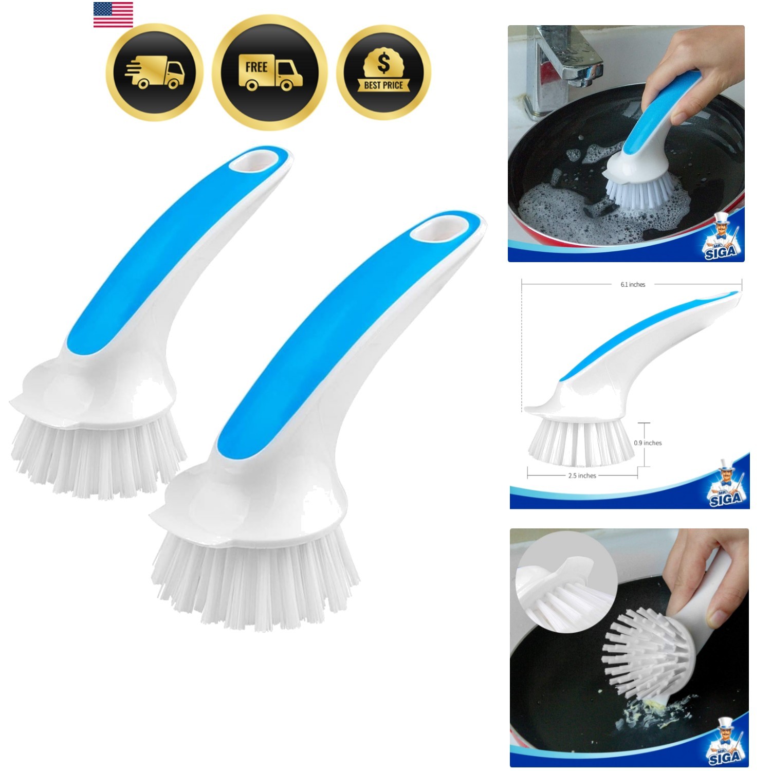 Pot and Pan Cleaning Brush, Dish Brush for Kitchen, Lake Blue, Pack of 2