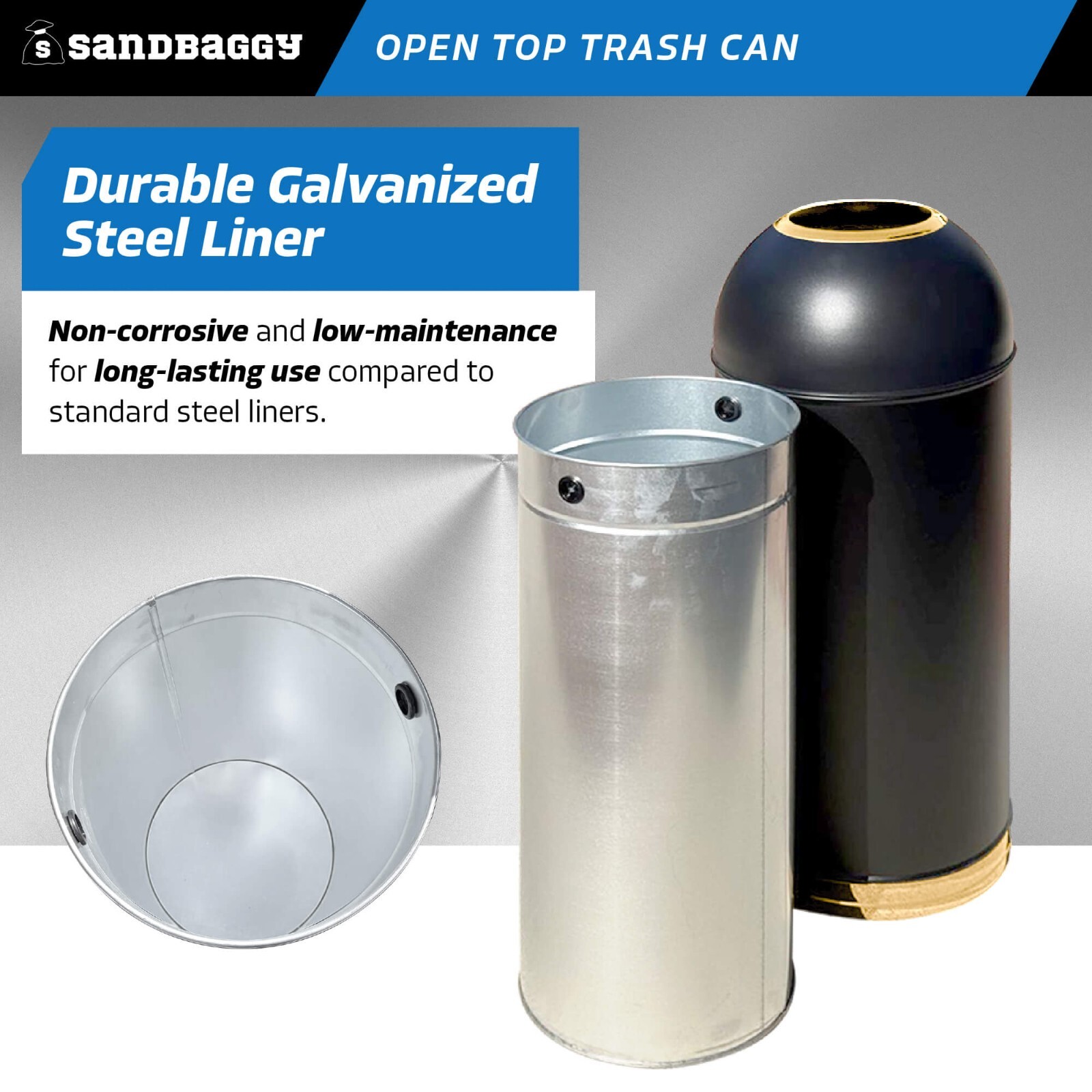 Sandbaggy 15-Gallon Black Open Top Dome Steel Trash Can with Lid (31″ x 12″)