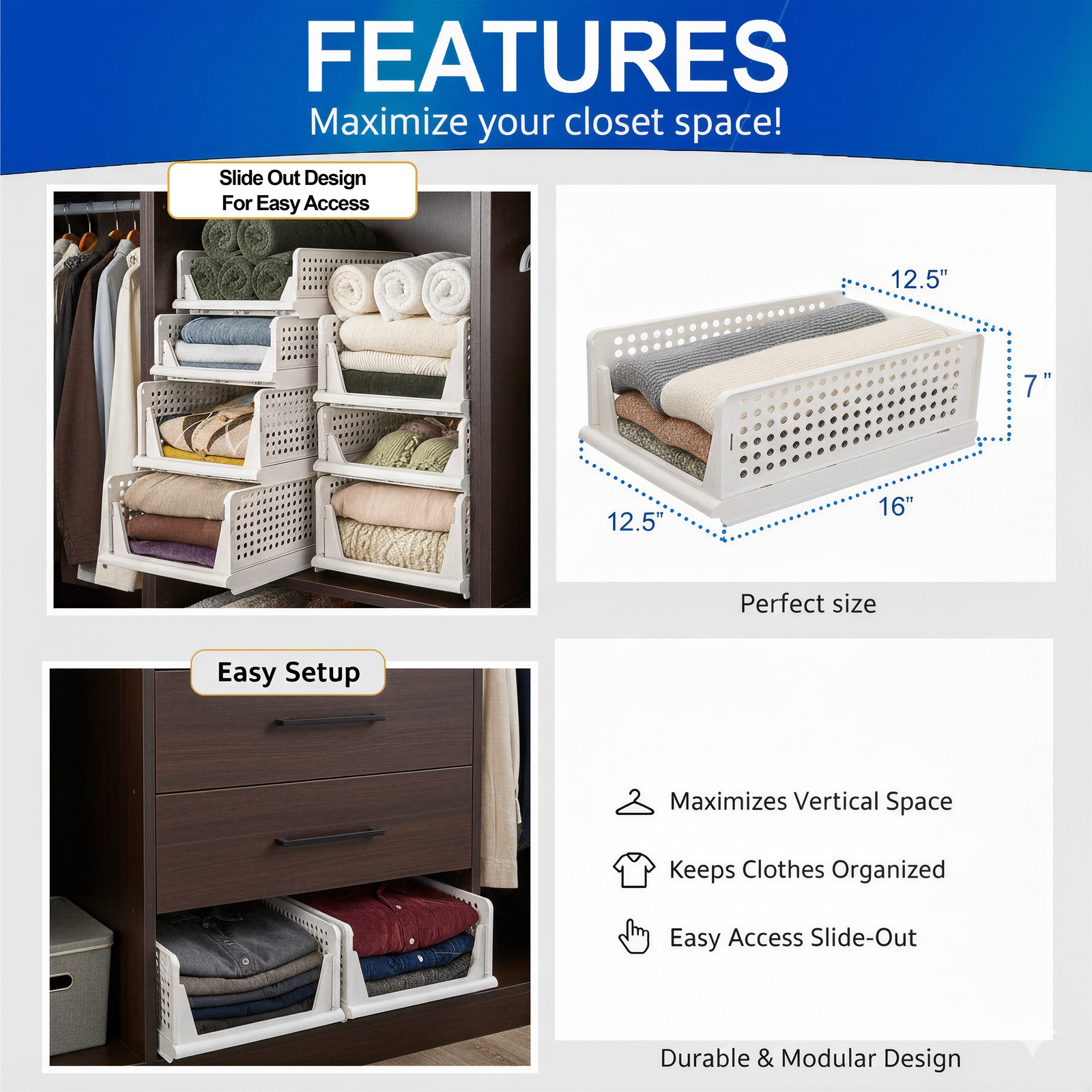 Stackable Closet Storage Shelf – Slidable & Ventilated Carts for Easy