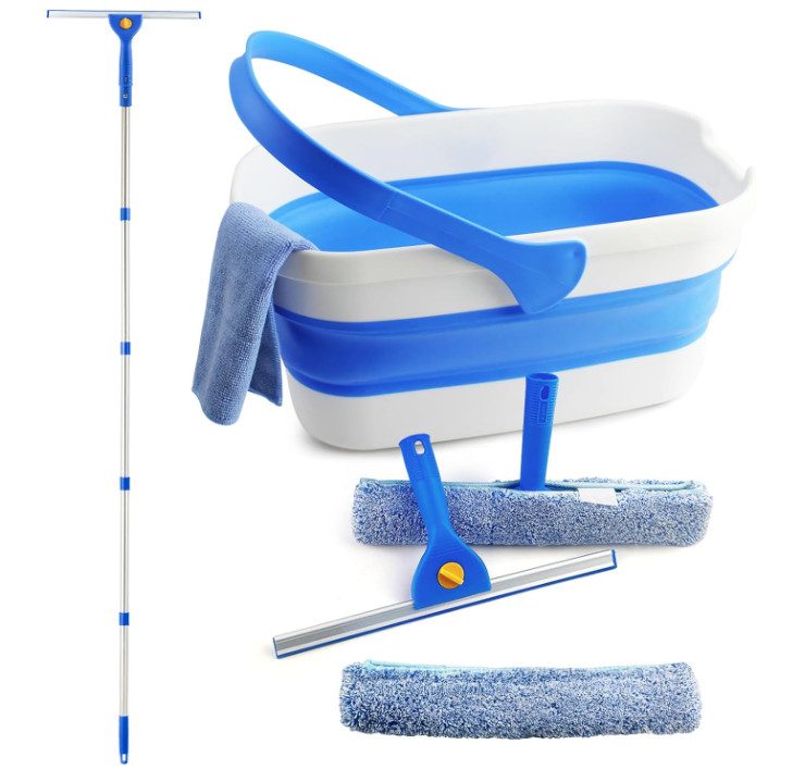 Kit Limpieza Ventanas 14″ Con Cubo Plegable 3 Gal Y Mango Largo 61″
