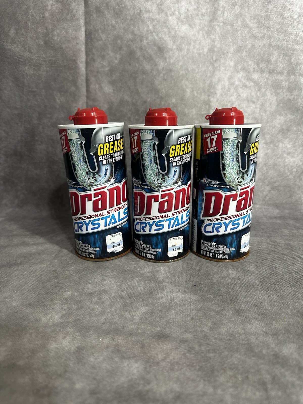 (3) New Drano Crystals Professional Strength Clog Remover 18oz Each