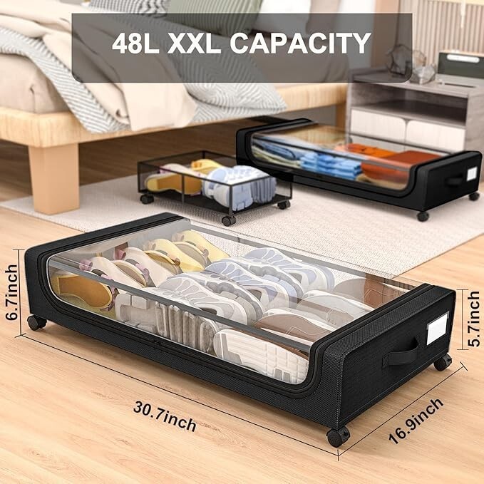 GoMaihe XXL Under Bed Storage | 2-Pack Rolling Bins with Clear Lids for Clothes