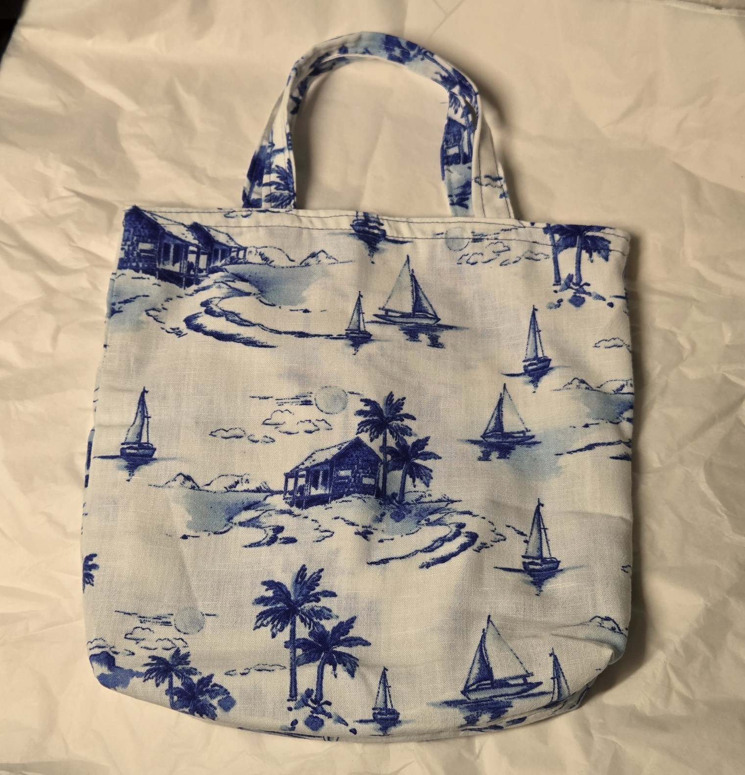 Handmade White & Blue Oceanic Upcycled Mini Tote Decor Accessory Hand Bag Scenic