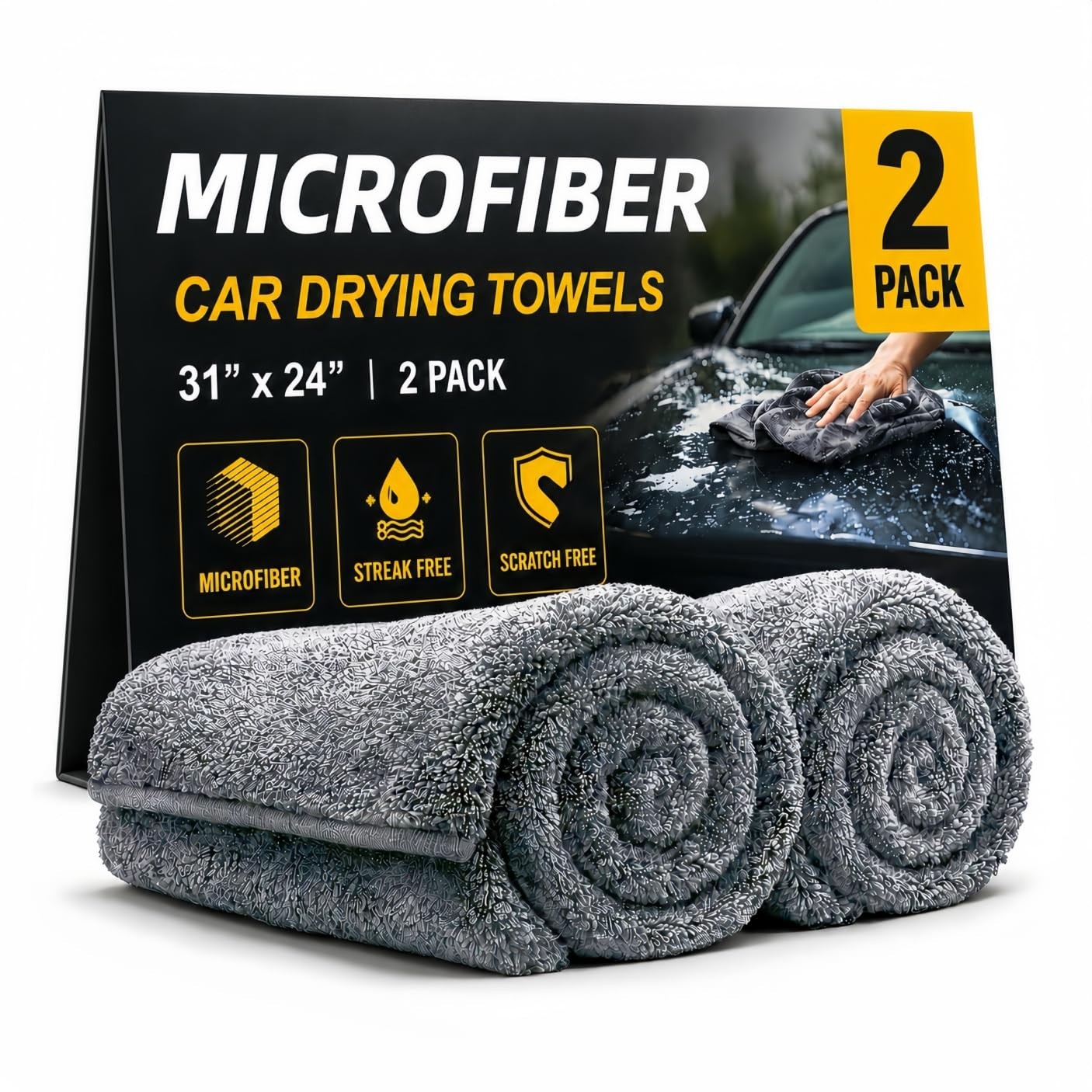 2 Pack Professional Large Microfiber Car Drying Towels (31″ x 24″), Scratch Free