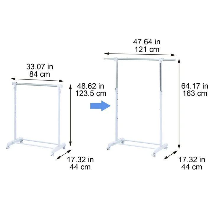 Mainstays Adjustable Rolling Garment Rack Metal Chrome White 84-121Wx44Dx123.5