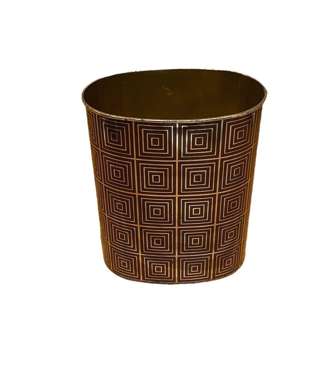 Vintage Mid Century Harvell Black Gold Geometric Metal Trash Can Wastebasket MCM