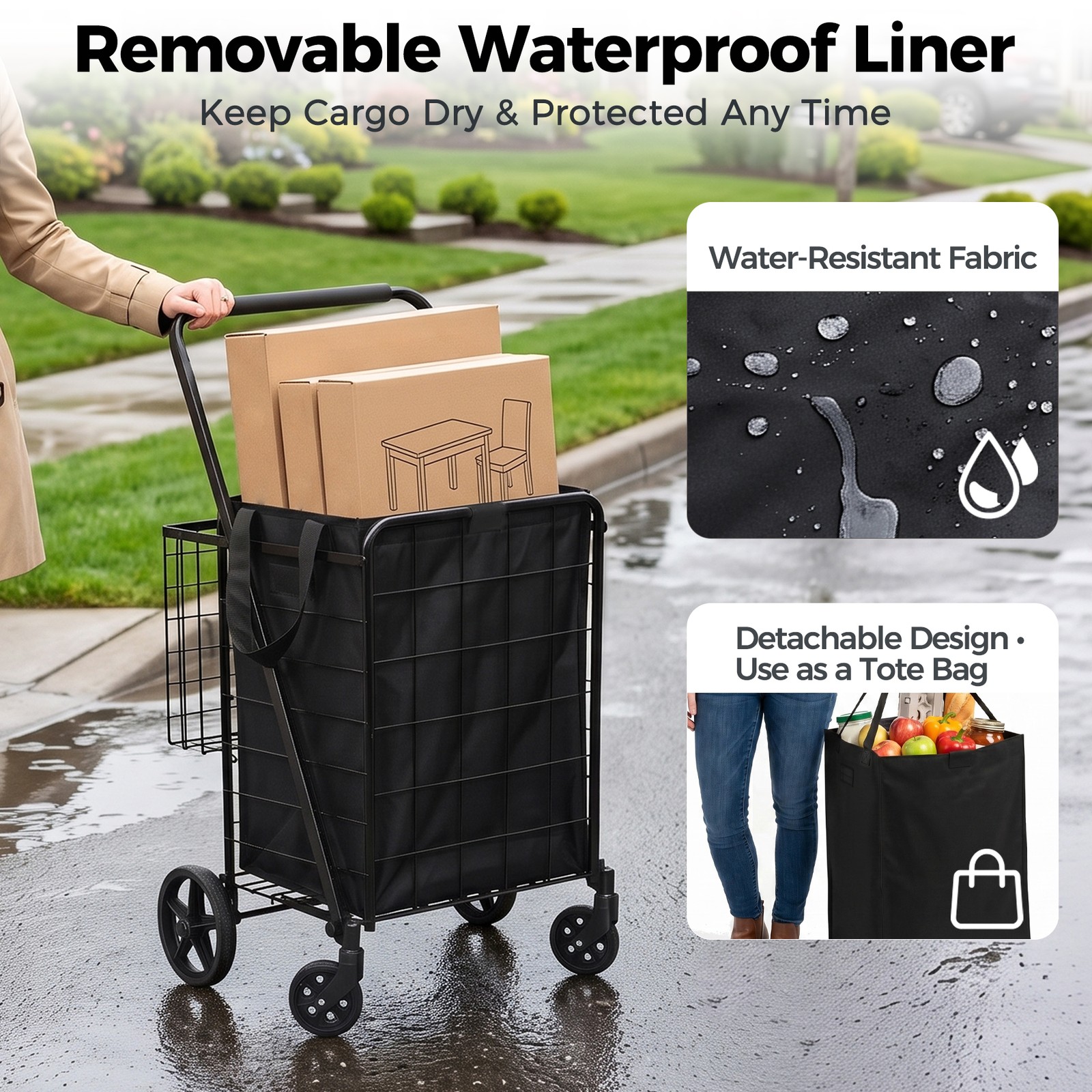 Collapsible Rolling Grocery Cart 88LB Load Capacity w/ Oxford Cloth Liner Black