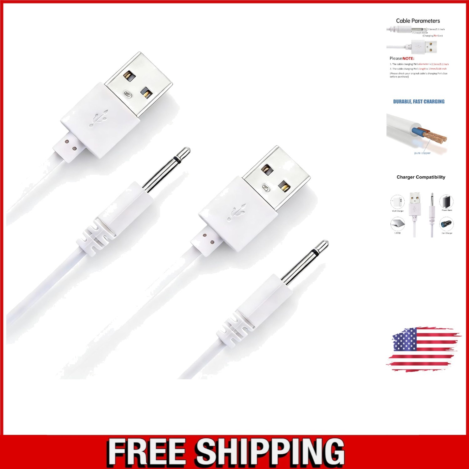 2.7Ft Fast Charging USB to DC Cable – 2 Pack 2.5mm Massager Charger Replacement
