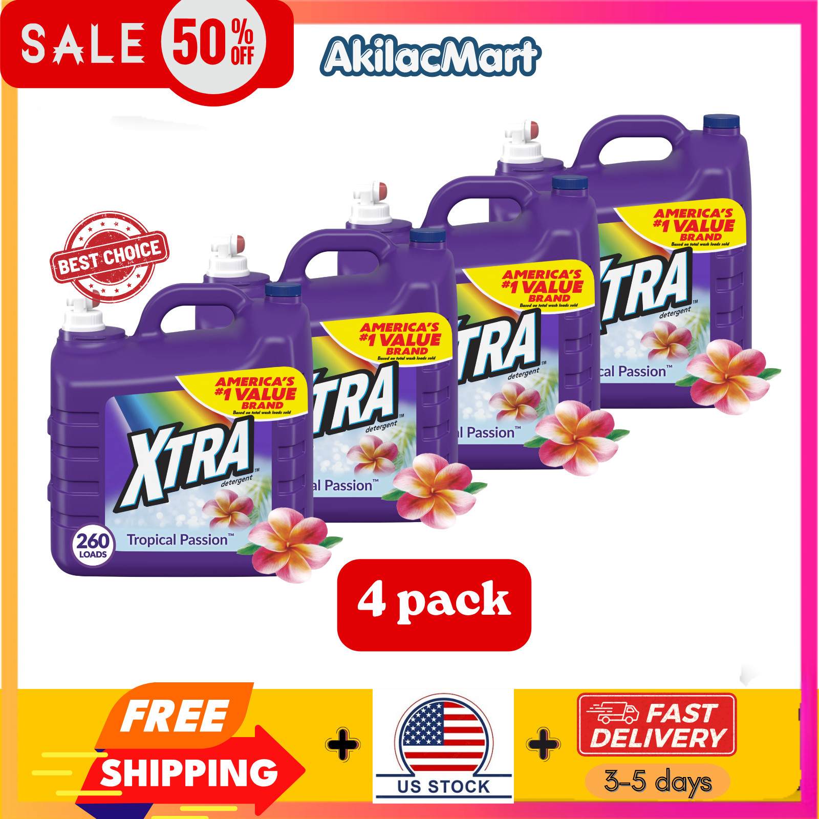 4 pack – Xtra Tropical Passion, 260 Loads Liquid Laundry Detergent, 312 fl oz